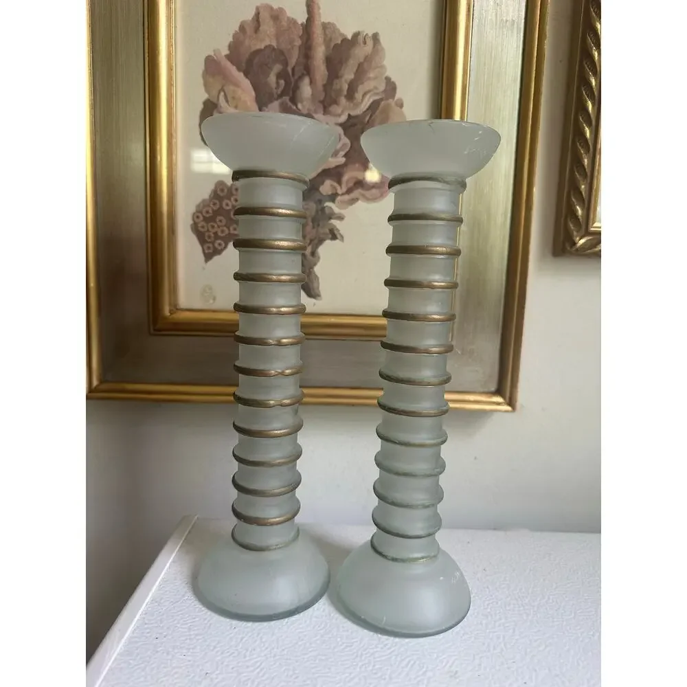 Vintage La Mediterranea Green Glass Vases Candlesticks frosted Spain set 2, 7”